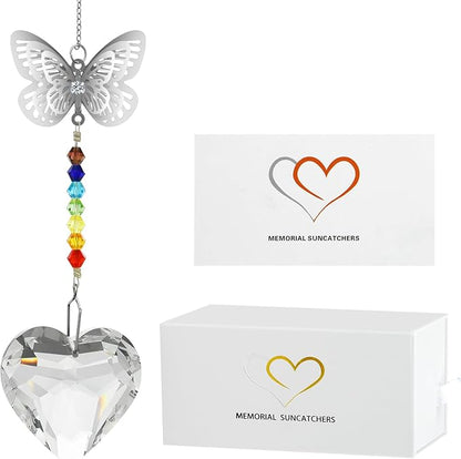 Merrynine Crystal Suncatcher, K9 Crystal Sun Catcher for Window Prism Ball, Unique Pendant Gift, Rainbow Maker with Butterfly Chain for Easy Hanging Indoor Outdoor Decoration (Butterfly Heart)