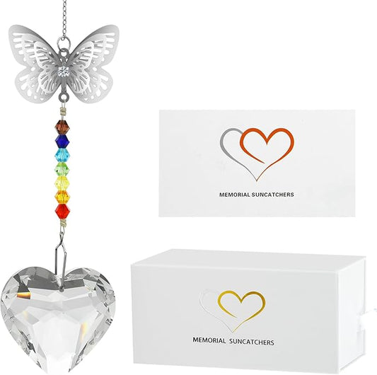 Merrynine Crystal Suncatcher, K9 Crystal Sun Catcher for Window Prism Ball, Unique Pendant Gift, Rainbow Maker with Butterfly Chain for Easy Hanging Indoor Outdoor Decoration (Butterfly Heart)