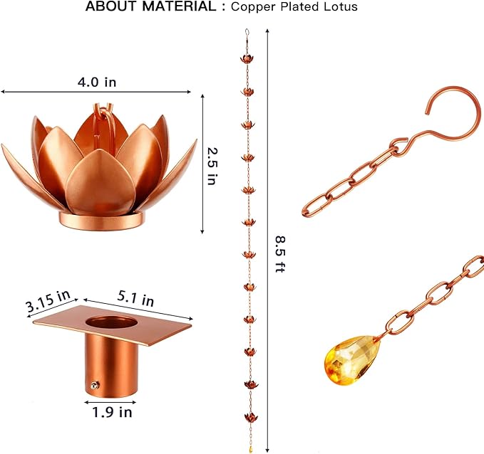 Rifachua 8.5ft Rain Chain for Gutters Downspouts Outside, Copper Plated Lotus Rain Chain Cups, Functional and Decorative Replacement for Gutter Downspouts