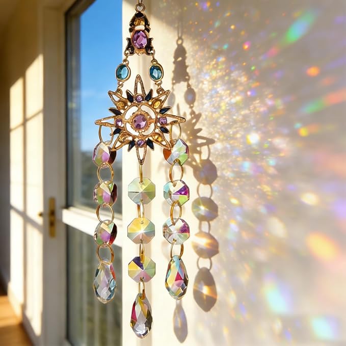 Crystal Suncatcher, Sun Catcher Crystals for Window Hanging, Crystal Wind Chimes Outdoor Indoor Decoration, Hanging Crystals Prism Suncatcher for Garden Decor Wedding Party (Sun)