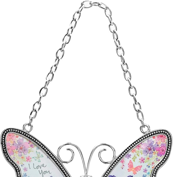 Butterfly Suncatcher with Pressed Flower Wings, Butterfly-Shaped Glass Wind Chimes with Real Flowers,Mother Heart Charm Wind Chime Gifts for Grandma Mother's Day