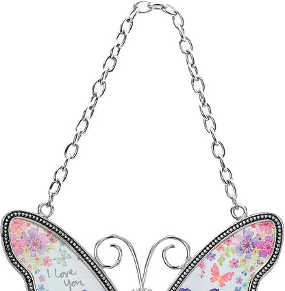 Butterfly Suncatcher with Pressed Flower Wings, Butterfly-Shaped Glass Wind Chimes with Real Flowers,Mother Heart Charm Wind Chime Gifts for Grandma Mother's Day