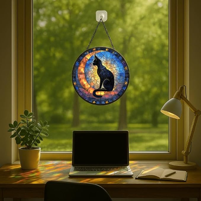 Stained Glass Window Hanging - Celestial Black Cat & Stars 11.8in Sun Catchers Indoor Stained Glass Panels Wall Decor for Mom, Wife, Lovers, Festive