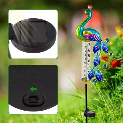 Peacock Rain Gauge Outdoor 36.6" Solar Powered Large Rain Gauges Freeze Proof Water Gauge with Metal Stakes Decorative for Garden,Lawns,Patio