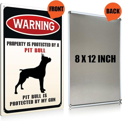 Funny Dog Warning Metal Tin Signs Wall Art Decor Property is Protected By a Pit Bull is Protected Sign for Home Decor Gifts to Indoor and Outdoor Use - 8x12 Inch