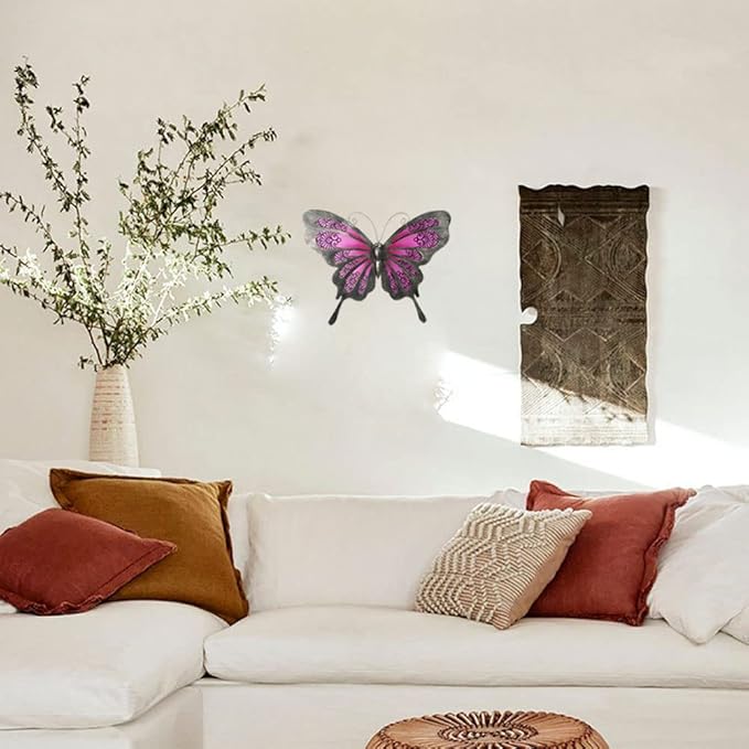 LIFFY Metal Butterfly Wall Decor, 12" Glass Butterfly Outdoor Wall Art, Hanging Garden Decorations for Yard Fence Patio