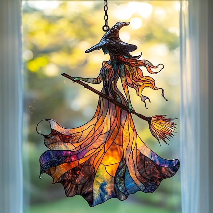 Halloween Witch Acrylic Suncatcher Stained Glass Effect Window Car Hanging Christmas Ornament Indoor Outdoor Decor Garden Sun Catcher Panel for Halloween Lover for Women Mom Grandma