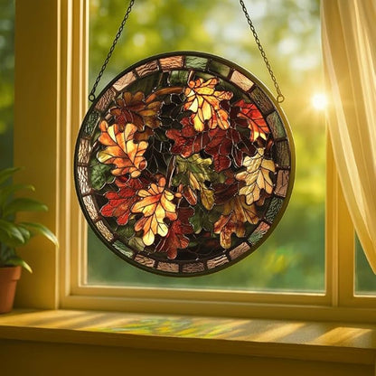 Oak Leaves Stained Glass Window Hanging Panel – Autumn Fall Theme Suncatcher Wall Art for Home Window Decor and Gift