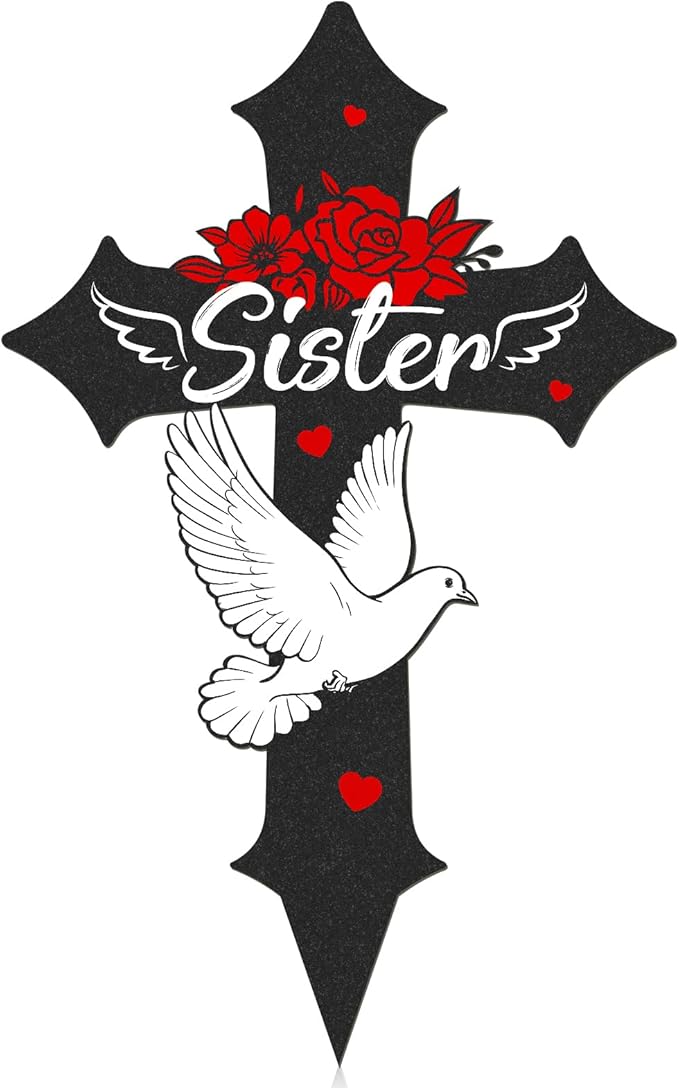 Rngmsi Cross Grave Decorations for Cemetery, Sympathy Memorial Stakes for Loss of Sister, Metal Grave Markers for Cemetery for Sister Outdoors Yard Garden (12 X 7.5 Inches)
