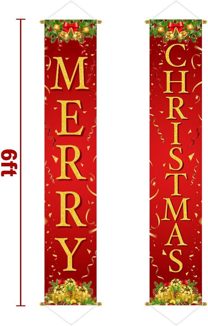 Ivenf Christmas Decorations Outdoor Yard: Red Gold Door Banner Front Porch Sign Set, Hanging Merry Christmas Decorations for Home, Indoor Outdoor Xmas Decor Wall Front Door Yard Garage