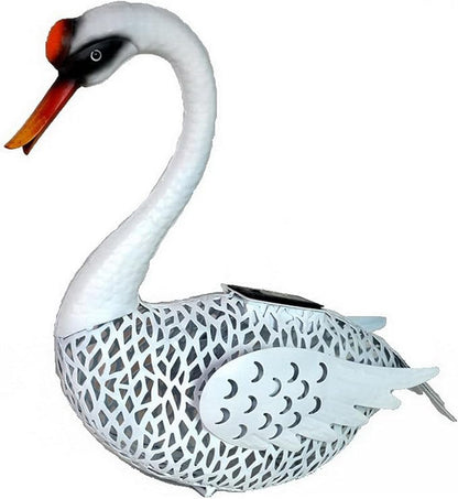 Large Swan Statue Garden Decor with Solar Powered Light, Hand-Painted Iron Art with Hollow Carved Design, Waterproof Outdoor Sculpture for Garden, Yard, Pond, Lawn and Pathway,Short