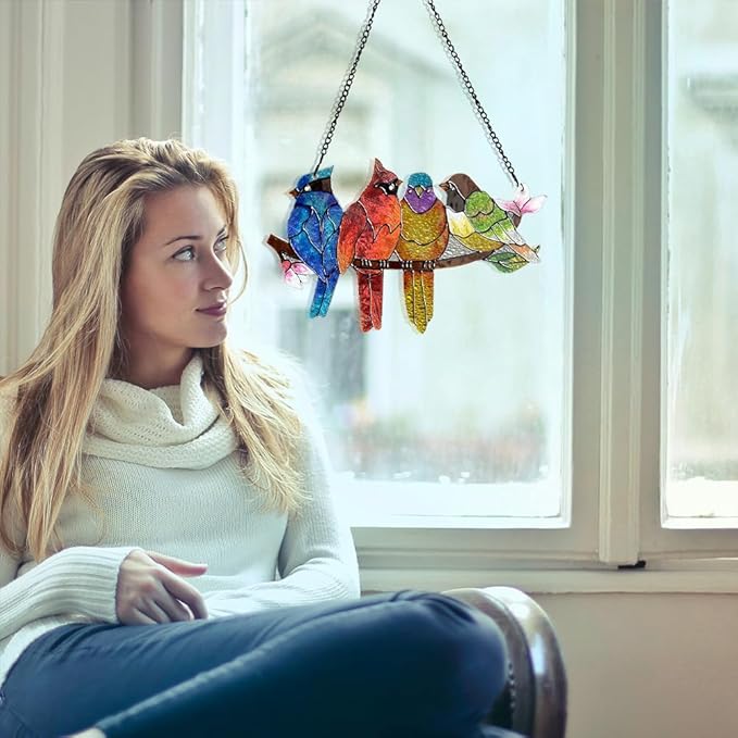 Stained Glass Window Hanging - Double-Sided 4 Birds on Branch Suncatcher, Vibrant Multicolor Glass Panel Art for Windows, Home Wall Decor, Indoor Outdoor Hanging Ornament for Bird Enthusiasts