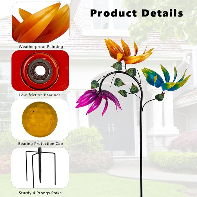 24" Large Wind Spinner Outdoor - Heavy Duty Multi Colored Flowers Wind Sculpture with Metal Stake, Three Flower Design Pinwheels for Yard and Garden Decor