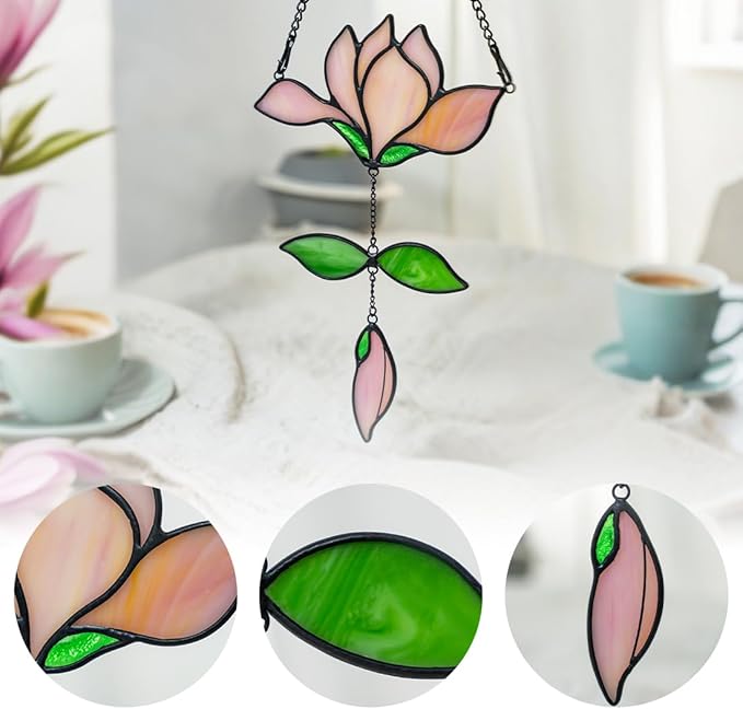 Magnolia Flower Gifts for Women Stained Glass Suncatcher for Window Hanging,Pink Flower Decor Stained Glass Sun Catcher Indoor Window,Flower Gift for Mom,Best Gifts for Teacher