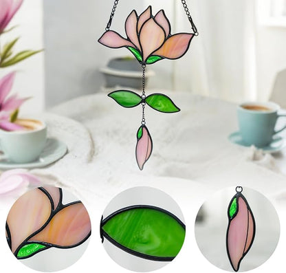 Magnolia Flower Gifts for Women Stained Glass Suncatcher for Window Hanging,Pink Flower Decor Stained Glass Sun Catcher Indoor Window,Flower Gift for Mom,Best Gifts for Teacher