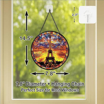 Stained Glass Window Hanging - 7.8in Eiffel Tower Paris Sunset View Sun Catchers Indoor Stained Glass Panels Wall Decor for Mom，Wife，Lovers，Festive