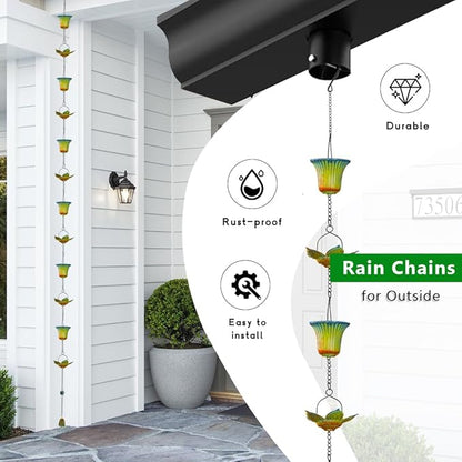 dreamysoul Rain Chains for Gutters, 11 FT Rain Catcher Chains with 16 Cups, Adjustable Rain Chain for Outside, Replacement for Downspout, Eaves, Drainage