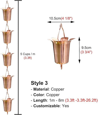 Copper Rain Chain for Heavy Rain, Decorative Rainwater Diverter, Outdoor Garden Decor for Gutter Downspout (Style3 1.6m (5.25ft))