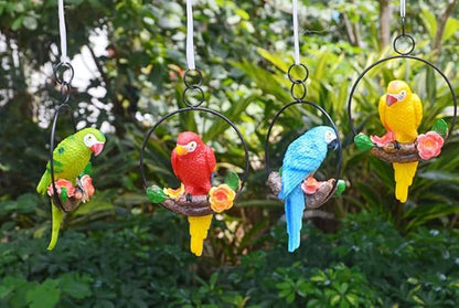 Mini Garden Statues Hanging Iron Ring Parrots, Resin Parrot Hanging Statue, Hanging Birds Figurine for Pathways Yard Patio Office Home Indoor Outdoor Tree Decorations (A-2)