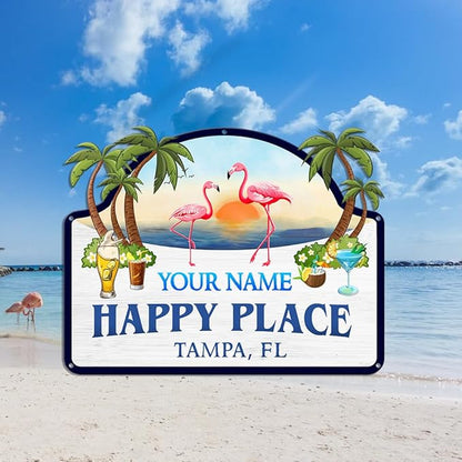 MeMate Flamingo House Signs, Flamingo House Metal Sign, Personalized Name Outdoor Sign, Flamingo House Outdoor Décor for Porch Deck Backyard Patio Pool, Flamingo Metal Sign Housewarming Gift for Family Friend 07