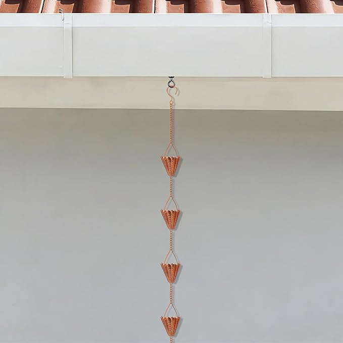 Copper Petal-Shaped Rain Chain, 98.42" Metal Rain Catcher Chain for Gutters, Decorative Outdoor Rain Chain with Hammered Finish, Garden Downspout Extension Replacement Ornament