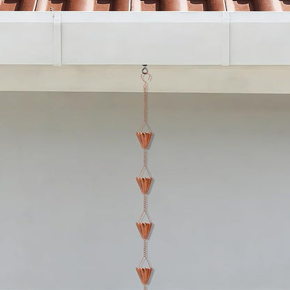 Copper Petal-Shaped Rain Chain, 98.42" Metal Rain Catcher Chain for Gutters, Decorative Outdoor Rain Chain with Hammered Finish, Garden Downspout Extension Replacement Ornament