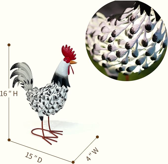 HONGLAND Metal Rooster Yard Decor,16" Solar Chicken Garden Statues Outdoor,Farm Animals Lawn Decorative Ornaments Outside for Home Patio Backyard Landscape