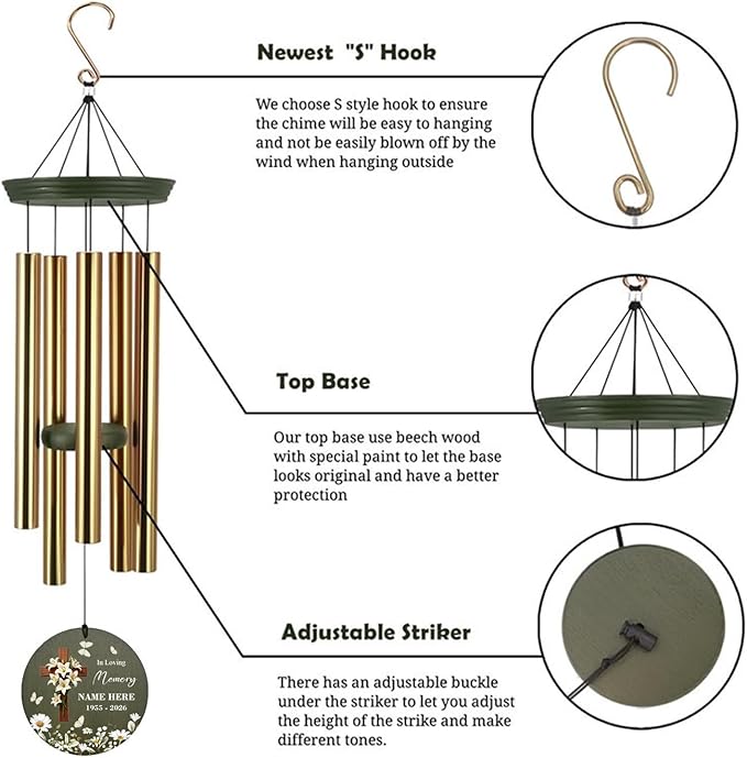 Personalized Wind Chimes, 36inch Custom Sympathy Words for Loss of Loved Dad/Mom, Daisy Memorial Gifts Keepsake, Decorative Wind Chime Outdoor Decor (Produced in USA)