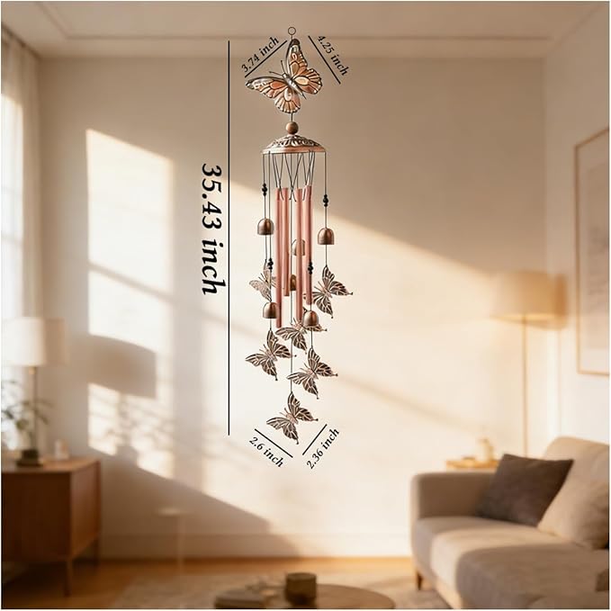 Retro Wind Chimes Metal Pipe Musical Wind Chimes for Outside Suitable Garden Decor、Home Decor Patio Decoration，Wind Catcher Friends Gift Condolence Gifts with Soothing Sound (Bronze-Butterfly)