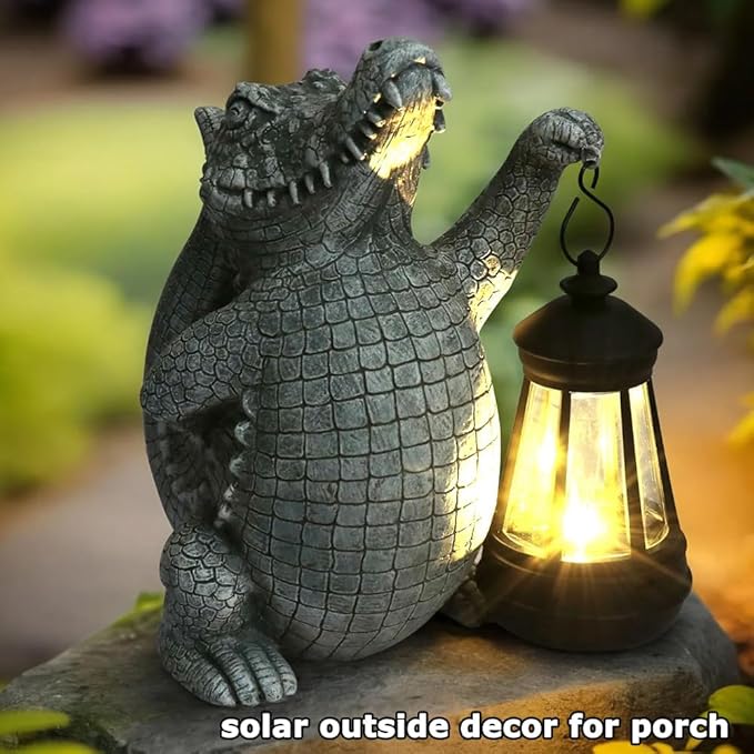 Alligator Solar Garden Decor Outdoor Statue, Crocodile Solar Garden Statues Yard Decorations with Lamp for Outdoor Decor, Unique Yard Art Lawn Sculpture Ornament for Front Porch Patio