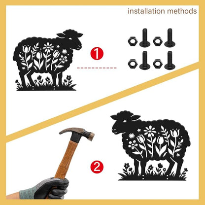 SUPERDANT 1Pc Large Metal Sheep Lawn Ornament Decorative Garden Yard Stakes Sign Black Iron Flower Cutout Animal Silhouette For Outside Farm Pathway Farmhouse Decoration Gift