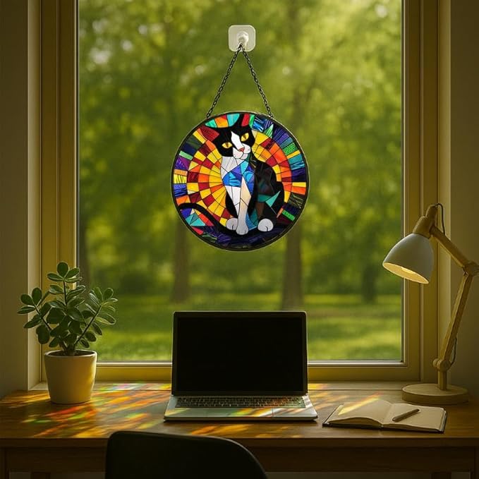 Stained Glass Window Hanging - Tuxedo Cat Rainbow Pattern 11.8in Sun Catchers Indoor Stained Glass Panels Wall Decor for Mom Wife Lovers Festive