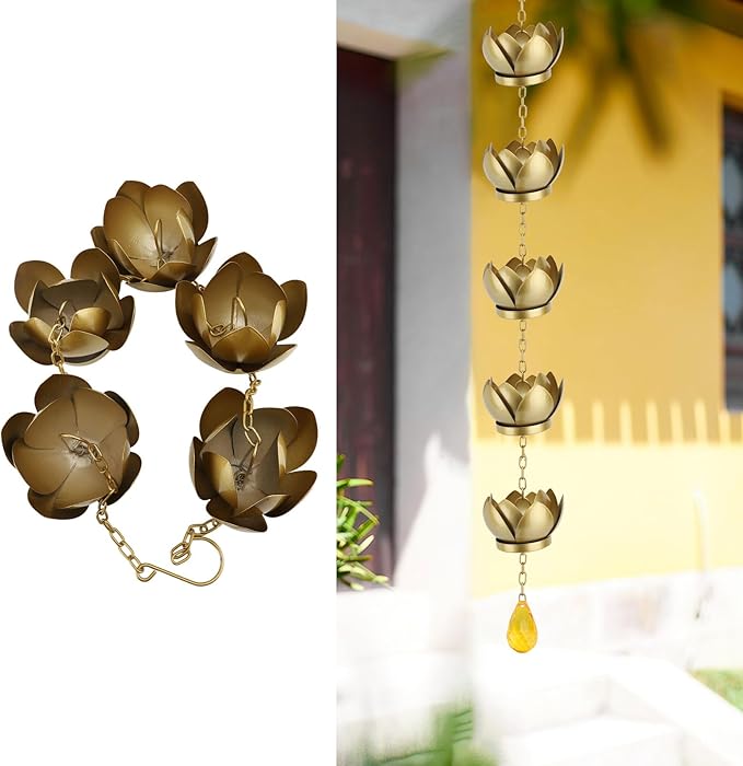 Rain Chain 3.9ft Lotus Cup Wind Chime Galvanized Iron Rain Gutter Chains Rain Catcher for Garden Outdoor Yard Decoration