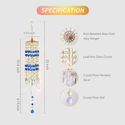 Crystal Wind Chimes for Outside with Rainbow Light Reflections Glass Bells and Rose Gold Alloy Hooks Indoor Outdoor Decor for Home Garden Patio Porch Birthday House Warming (Blue)