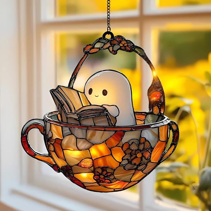 Reading Ghost Teacup Acrylic Suncatcher, Bookish Suncatchers for Window Hanging Ornament, Art Garden Decor for Book Lover Reader Bookworm, Gifts for Mother's Day, Mom, Grandma, Wife, Women, Nana