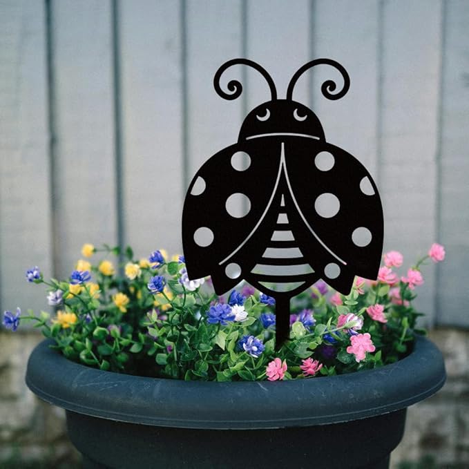 WADORN Cute Ladybug Metal Decorative Garden Stakes, Black Ladybug Outdoor Statues Silhouette Funny Ladybugs Lover Gifts Stakes Ornaments for All Season Home Yard Art Garden Patio Backyard Lawn Decors