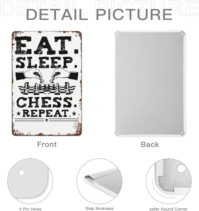 Retro Tin Signs Eat Chess Repeat Chess Player Fan 8x12 Inches Metal Wall Decor for Garden,Kitchen,Living Room,Patio,Office,Bathroom,and More! Vintage Funny Sign