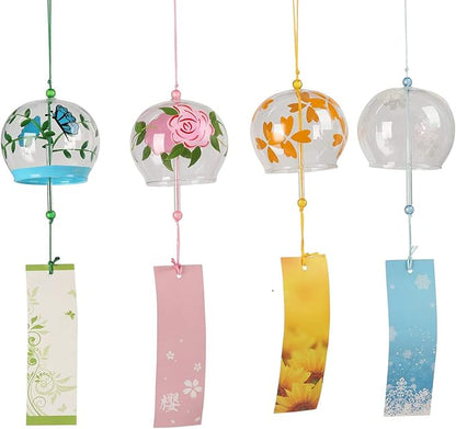 Falytemow Japanese Wind Chimes Romantic Flowers Small Wind Bells Handmade Glass Japanese Style Pendant for Birthday Present Home Decors (Pink Rose, Four Leaf Flower, Butterfly, Snowflake, 8 cm)
