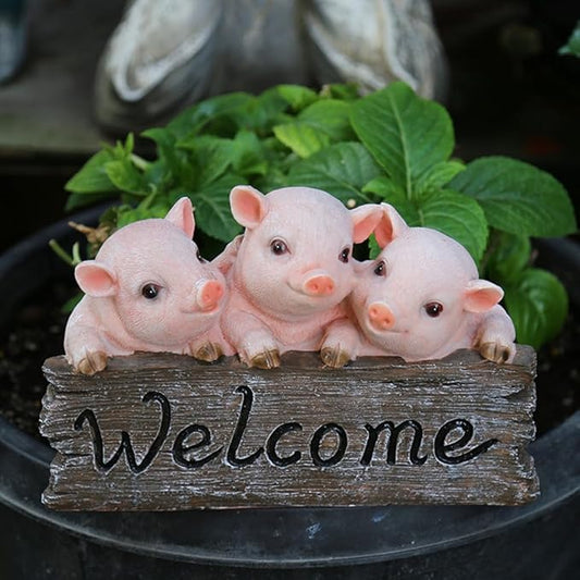 Primst Pig Welcome Sign - Resin Garden Statue Decor for Courtyard & Lawn Patio Decoration