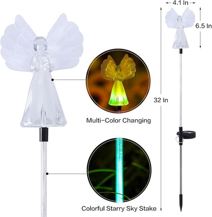 Outdoor Solar Garden Lights,4 Pack Solar Angel Decorative Lights, IP67 Waterproof Color Changing LED Solar Outdoor Lights,Solar Stake Lights for Cemetery Grave Garden Patio Yard Lawn Decoration