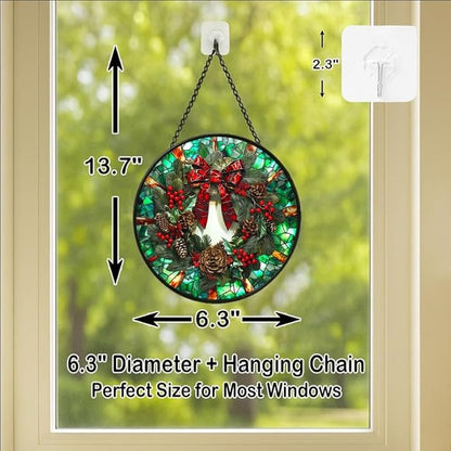 Stained Glass Window Hanging - 6.3in Christmas Wreath with Red Bow, Pine Cones, Berries Sun Catchers Panel for Indoor Decorative Display for Mom, Wife, Lovers, Festive