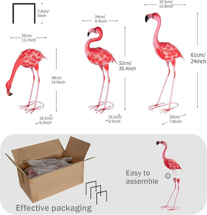 XONOR 3Pcs Flamingo Garden Statues Metal Flamingo Yard Art Outdoor Statues Sculptures for Home Patio Lawn Backyard Décor(Pink&Red)