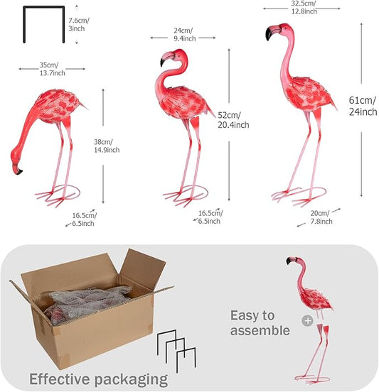 XONOR 3Pcs Flamingo Garden Statues Metal Flamingo Yard Art Outdoor Statues Sculptures for Home Patio Lawn Backyard Décor(Pink&Red)