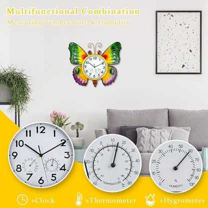 Large Outdoor Clock with Thermometer & Humidity - Silent Non-Ticking, Butterfly Outdoor Wall Clock for Patio, Garden, Kitchen, Living Room(Green & Gold)