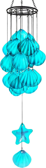 Stained Glass Wind Chimes for Outside,Handmade Large 25 inch Memorial Windchimes Outdoor,Sea Glass Decor for Patio Garden Balcony Porch (Shell & Starfish)