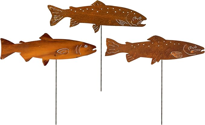 Swimming Trout Garden Stake Set of 3, Made in USA, Rusty Steel, Real Rust Finish (Large)