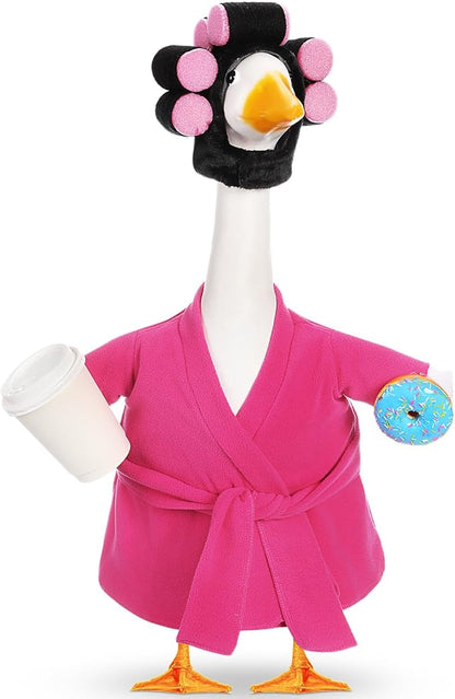 Shyyween Lady Porch Goose Outfits for 23'' Cement Plastic Geese Statue Clothes Hot Pink Bathrobe Curlers Coffee Cup for Outdoor Garden Lawn Yard Patio Decoration