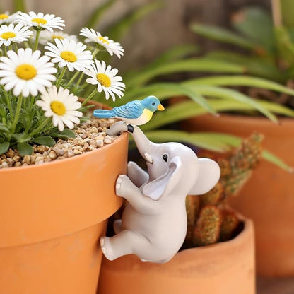 Cute Climbing Elephant with Bird Flower Pot Hugger Figurines Resin Hanging Elephant Statue Planter Pot Decorations for Home Garden Fence Balcony Patio Lawn Yard Ornaments