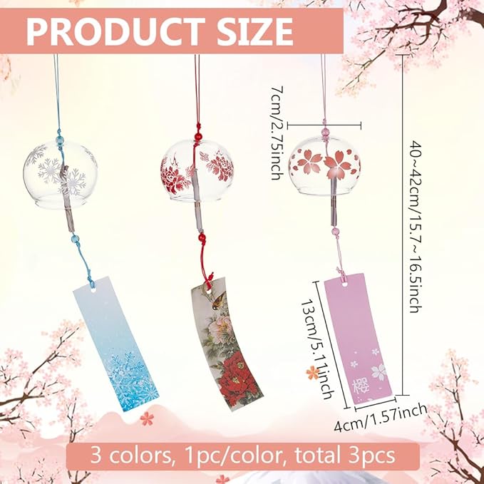 BENECREAT 3PCS Japanese Wind Chimes Pink Cherry/Red/Blue Glass Wind Bells Handmade Pendants for Birthday Gift, Home Wedding Party Decorations