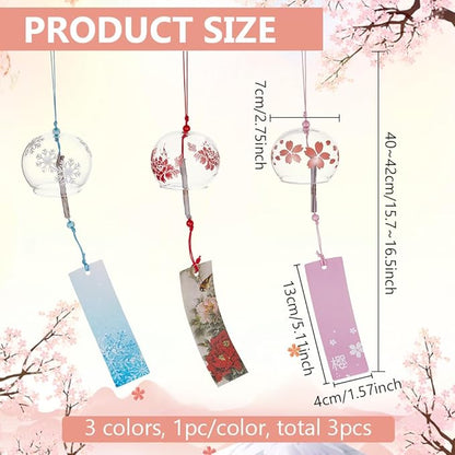 BENECREAT 3PCS Japanese Wind Chimes Pink Cherry/Red/Blue Glass Wind Bells Handmade Pendants for Birthday Gift, Home Wedding Party Decorations